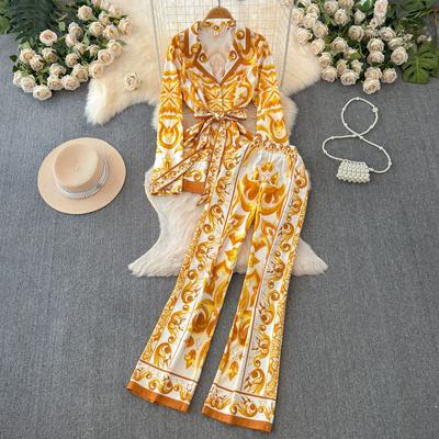 Runway Designer Vintage Print Pant Two Piece Set for Women Blazer Shirt And Trousers Office Work Suit