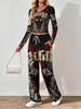 Floral pattern printed women's V-neck long-sleeved trousers set Comfortable casual versatile slim two-piece set