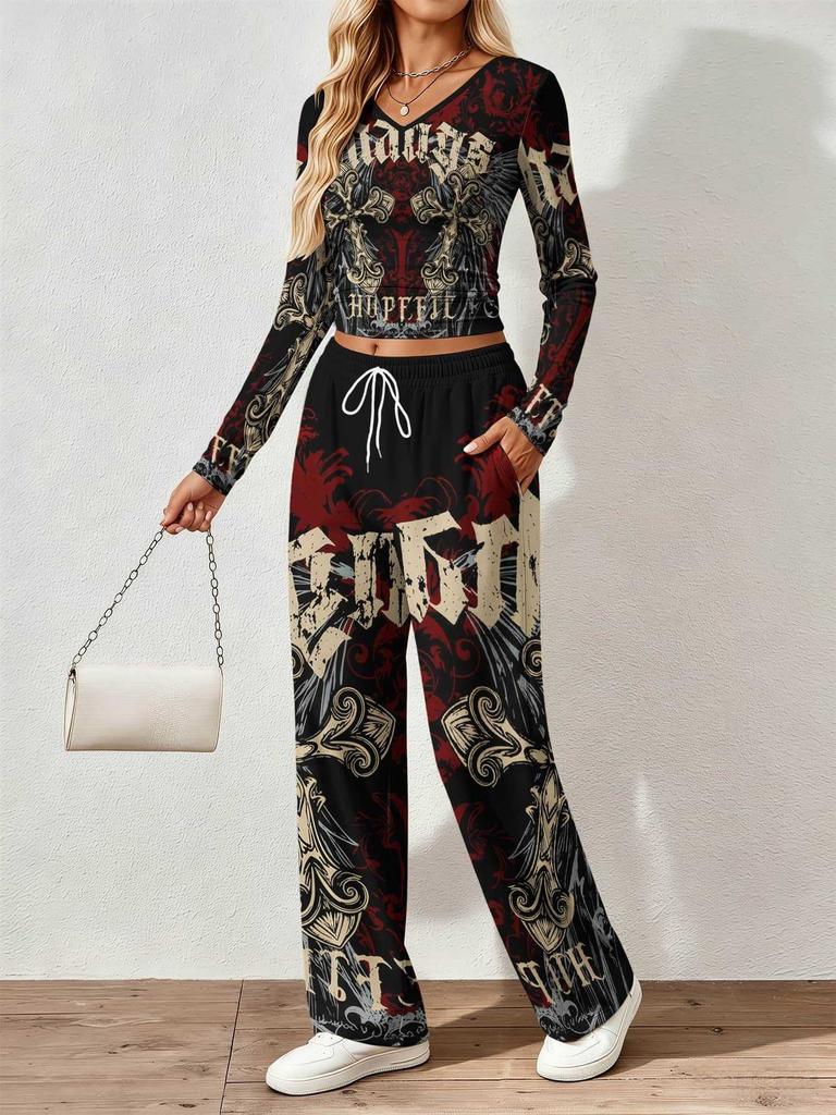 Floral pattern printed women's V-neck long-sleeved trousers set Comfortable casual versatile slim two-piece set