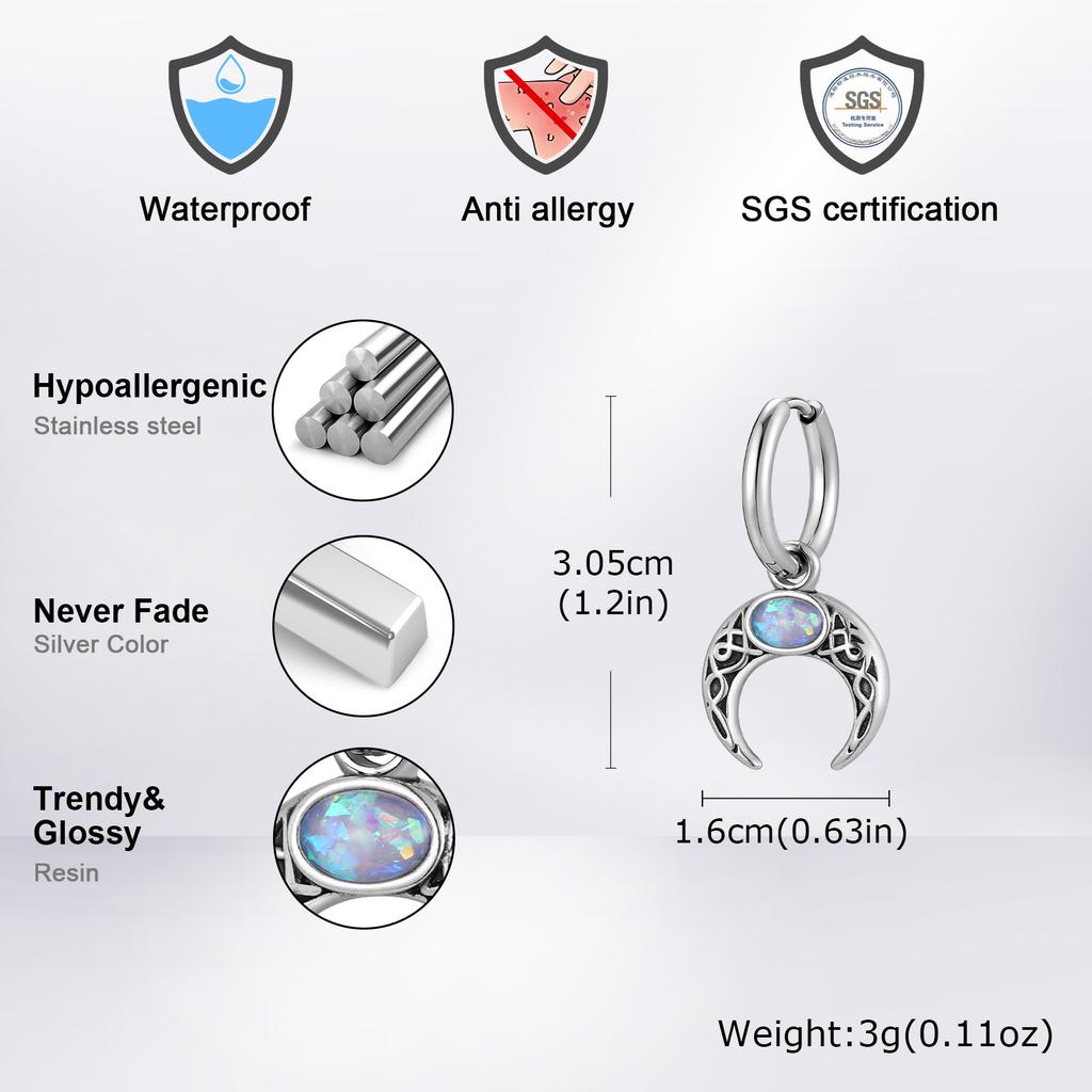 Vnox Stainless Steel Moon Hoops Earrings for Men Women, Retro Dangle Charm Earrings with Resin Stone, Fashion Unisex Jewelry