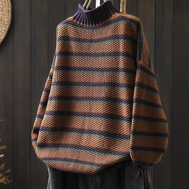 

Осенне-зимний литературный и ретро свитер с полувысоким воротником, женский модный свободный полосатый пуловер контрастного цвета с подкрученным краем, вязаный свитер женский One Size F