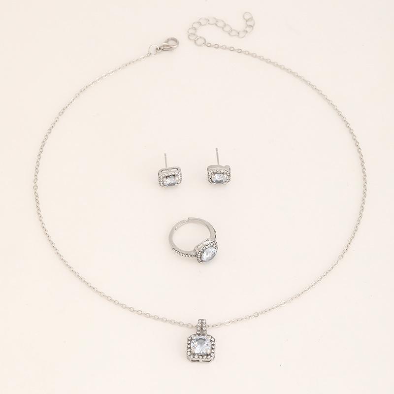 Elegant Square Cubic Zirconia Jewelry Set Necklace Earrings Ring Quadrilateral Rhinestone Three Piece Suite For Women