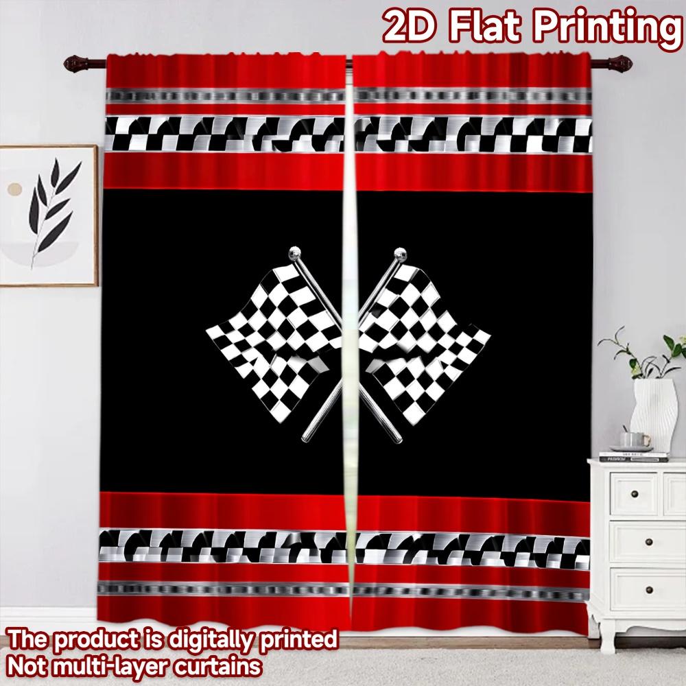 2D flat printing 2pcs Curtain Curtain Racing Checkered Flags Digital Printed Polyester Drapes Festive Curtains Perfect for