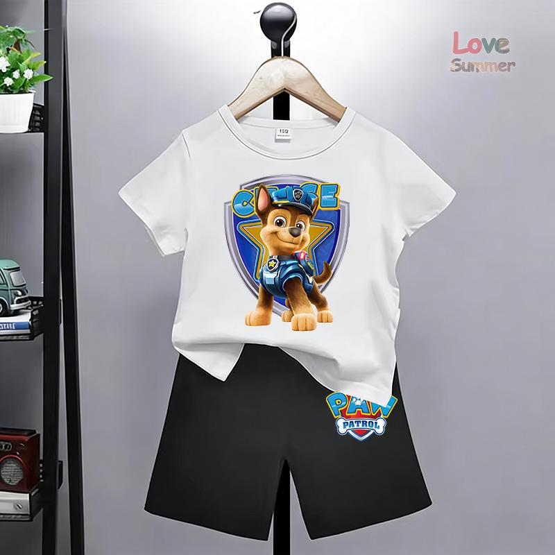 Chase Print T-Shirt Shorts Anzüge, Geeignet für Jungen Paw Patrol Perfekt für Alltags-Kleidungssets Freizeitkleidung Outdoor-Aktivitäten