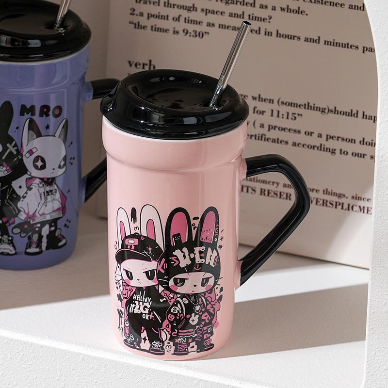 Cool Little Rabbit with Lid Spoon Ceramic Cup Cute High Value Mug Creative Personality Water Cup Girls Gift Cup