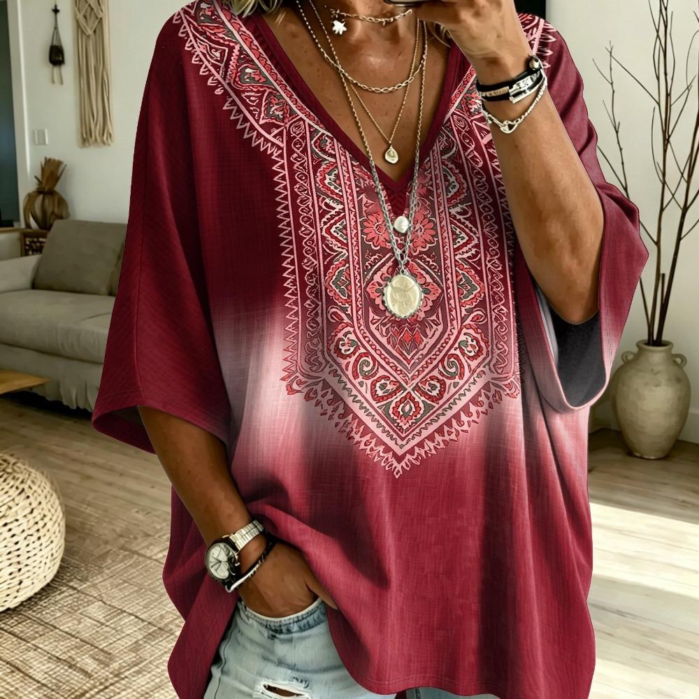 Printed Plus Size Women's V-neck Bat Sleeve T-shirt Bohemian Ethnic Style Printed Loose Top