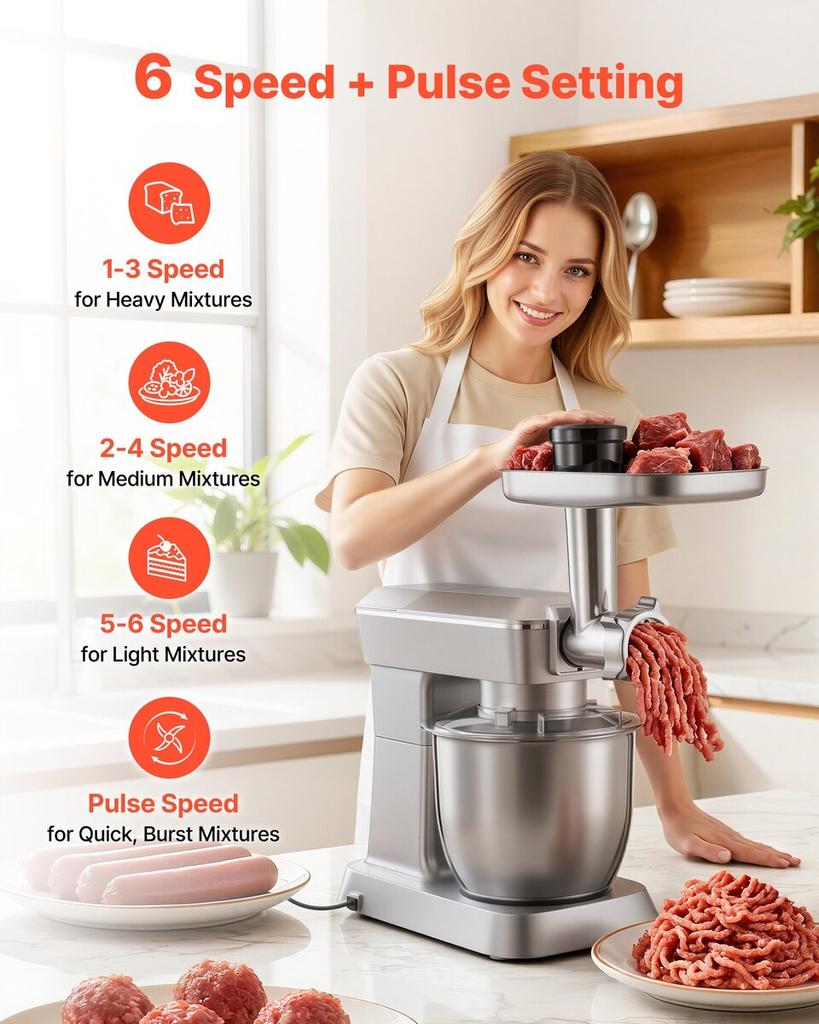 Stand Mixer, 4.3 L Electric Kitchen Mixer, 1300W Dough-Mixer, 6+P Speeds Tilt-head Food-Mixer with 1.5 L Blender Cup, Stainless Steel Bowl, Dough