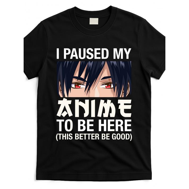 Humorous Black T-Shirt with Cartoon Character - 'I PAUSED MY' In English & Japanese, Features Stylish Anime Design, Round Neck Casual Tee - Great