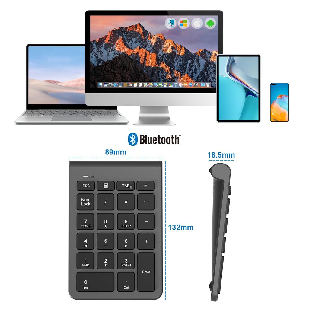 22-Key Bluetooth Wireless Numeric Keypad with Tab Key, Multi-Function Number Pad, Compatible with PCs, Laptops, and More