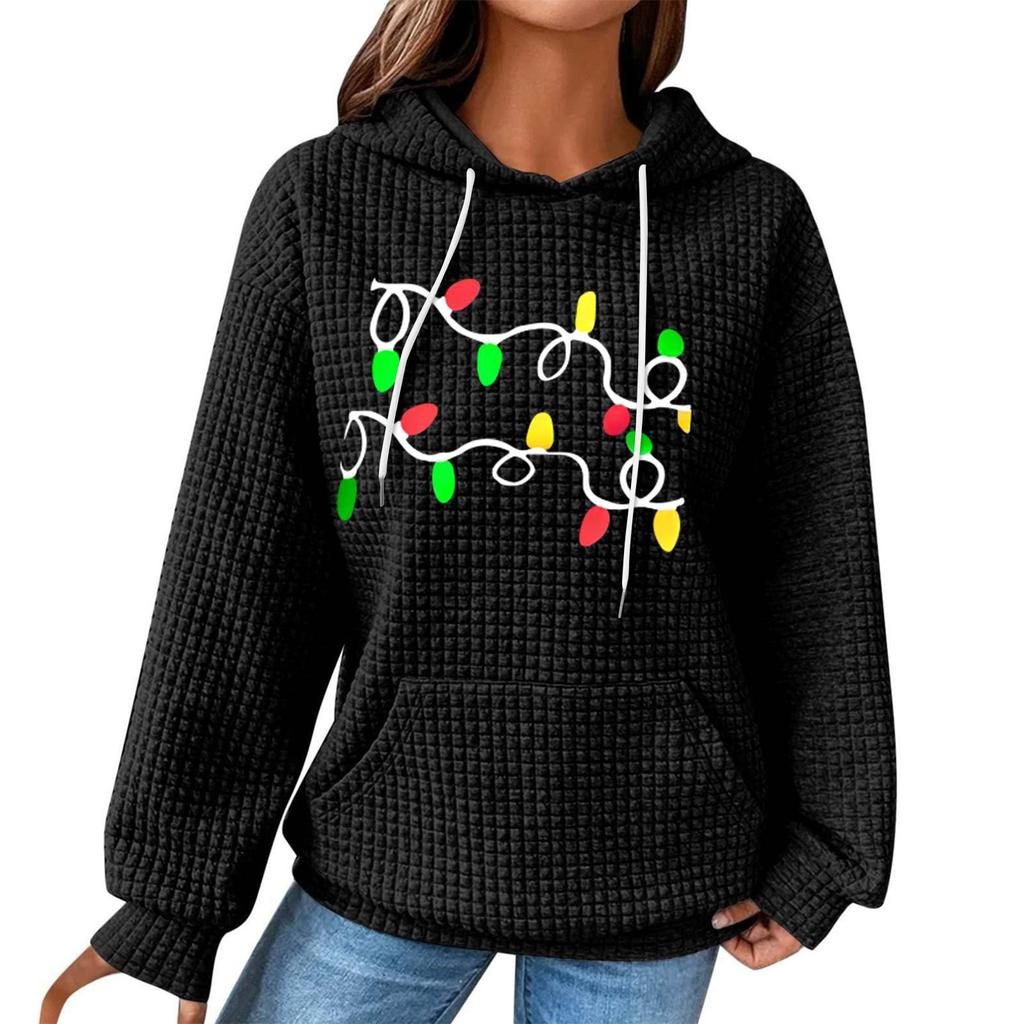 Women's Fashion Loose Hooded Pullover Long Sleeve Plaid Sweatshirt With Drawstring, Drop Shoulder, Pocket, Christmas Print Top