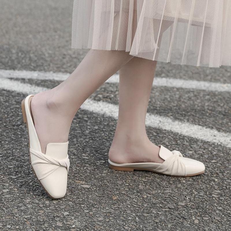 Twisted Strap Square Toe Mules Soft Leather Slip-On Backless Loafers