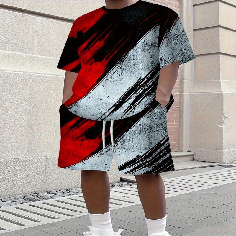 Fashionable Men s 3D Printed Short Sleeve Drawstring Shorts Two-piece Casual Clothing Set S