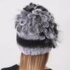 Floral Rabbit Fur Hat Women Fluffy Warm Winter Thick Hat Elegant Stylish Russian Fur Cold Hat Rex Rabbit Fur Beanies Striped Top