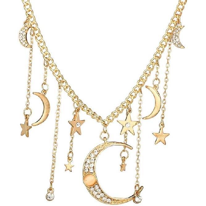 JczR.Y Moon and Star Necklace - Crystal Star Moon Tassel Rhinestone Crescent Pentagram Fringe Pendant for Women Party Statement Jewelry Accessories