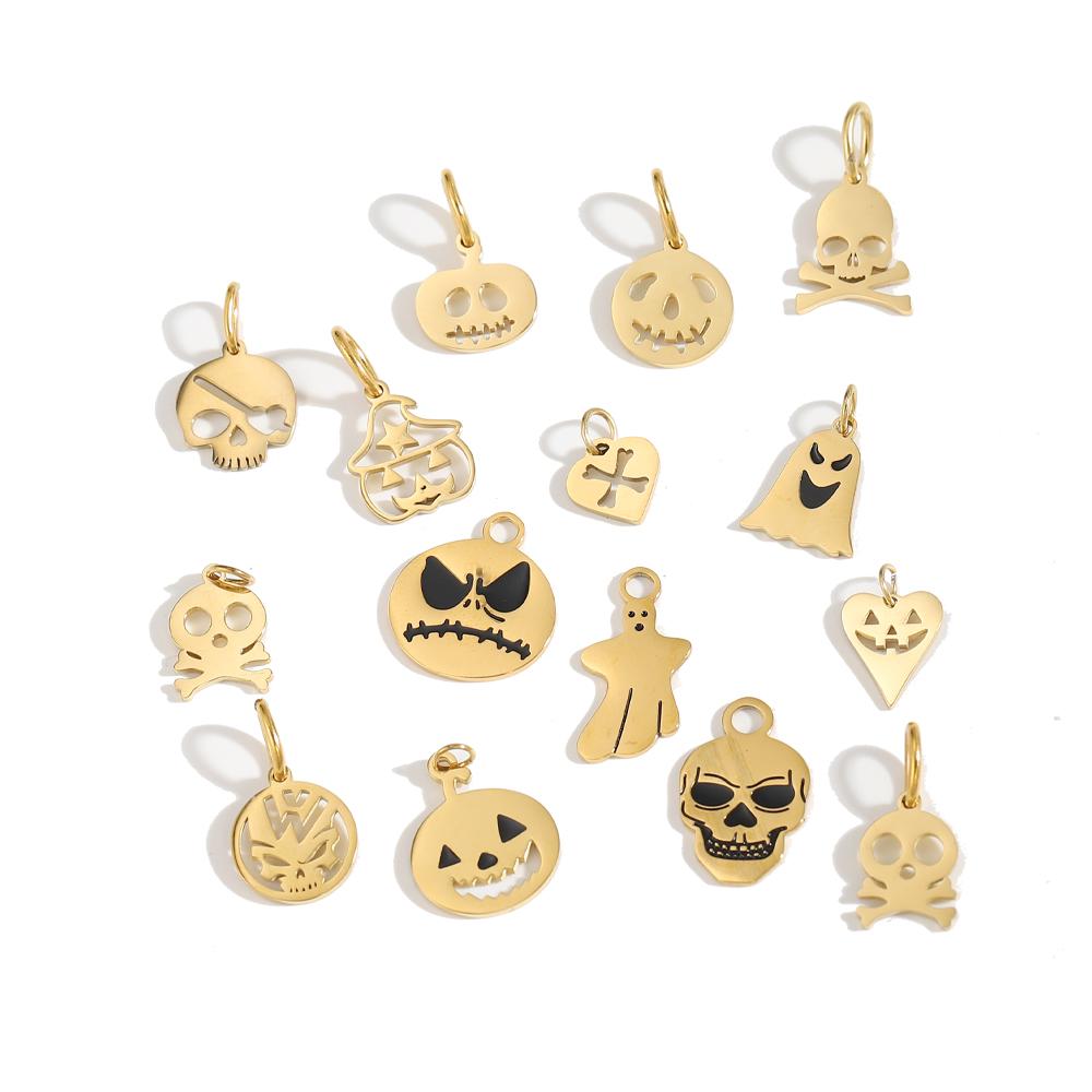 CARLIDANA Halloween Fun Party Accessories Charm Stainless Steel Pumpkin Skull Ghost Gold Plated Hat Titanium Steel Pendant