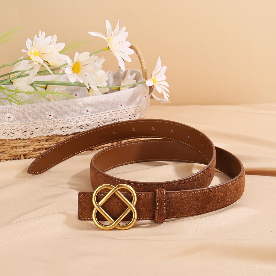 2.8cm Wide Suede Cowhide Belt for Women, Vintage Style with Retro Golden Buckle, Skinny Waistband for Dresses & Jeans