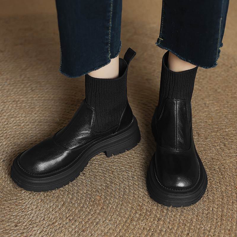 Krazing Pot Sheepskin Winter Round Toe Chunky Heels Fashion Motorcycle Boots Women Slip on Kniting Platform Ankle Boots