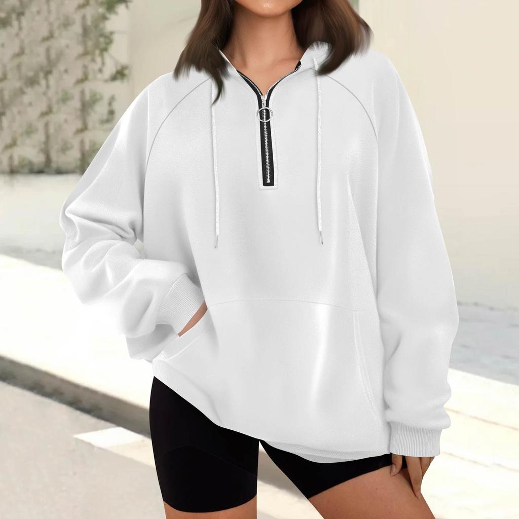 Women's Casual Fashion Long Sleeve Solid Color Zip Hooded Sweatshirt Top With Pocket