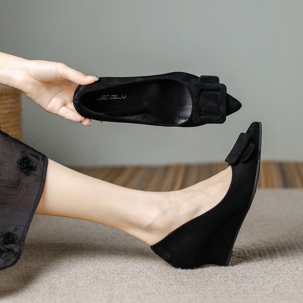 Fashion FHC New Suede Leather Wedges High Heels,Office Lady Working Shoes,Woman Pumps,Slip On,Pointed Toe,Black,Leopard,34-42,Dropship