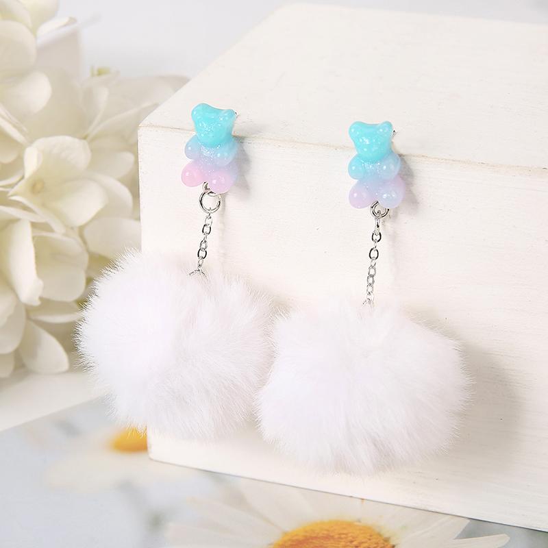 1Pair Cute Pompom Stud Earring Multicolours Resin Candy Bear Charms  With Puffer Ball Fashion Woman Jewelry Birthday Gift