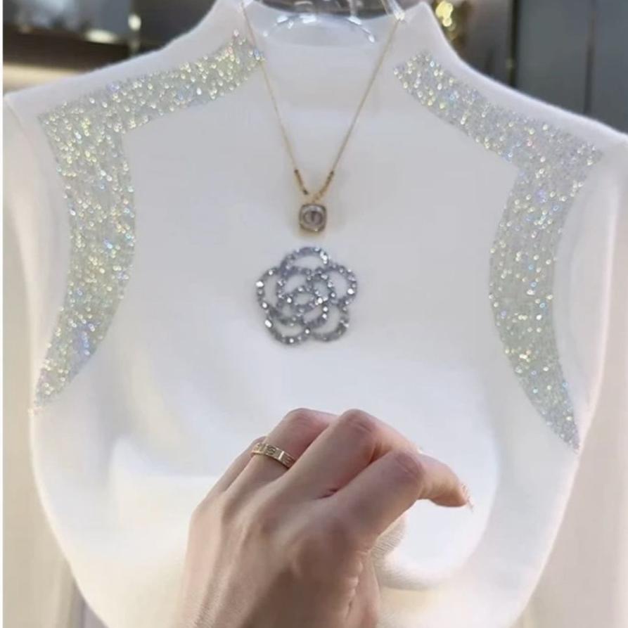 Women's Half Turtleneck Sweater with Rhinestones Solid Color Stretch Knit Pullover sweater  Autumn  Winter