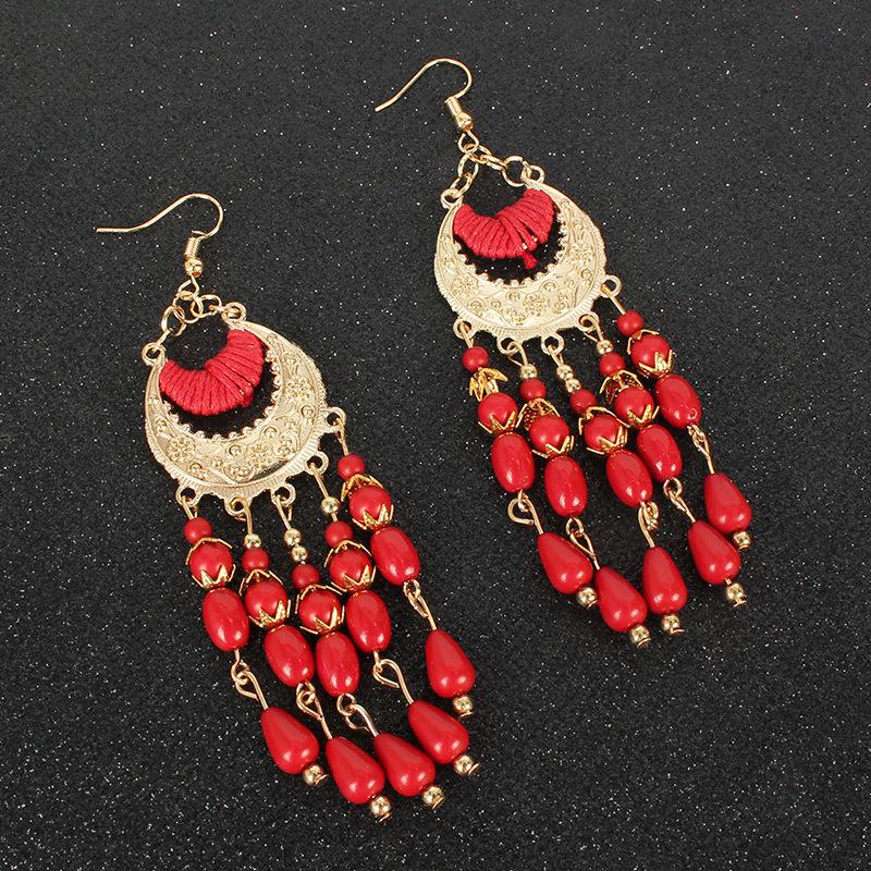 Bohemian Crescent Moon Miyuki Seed Bead Tassel Earrings - Long Ethnic Style Ear Hooks