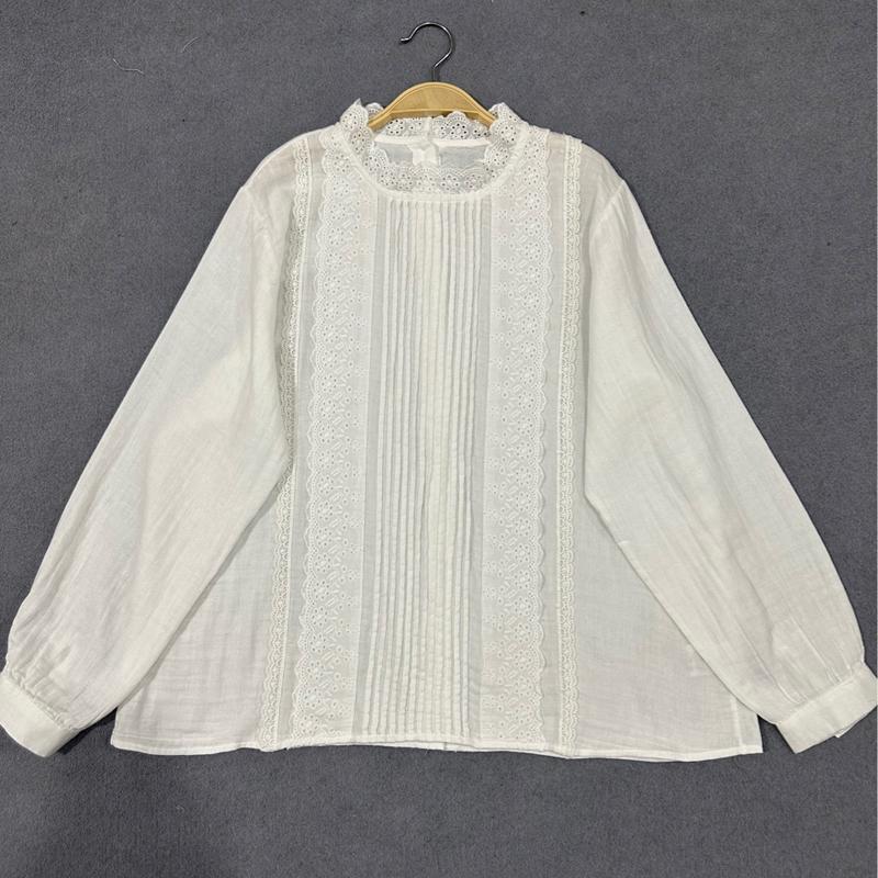 Johnature Bavlněné dámské halenky jarní ležérní jednobarevné bílé volánky Vintage dámské košile