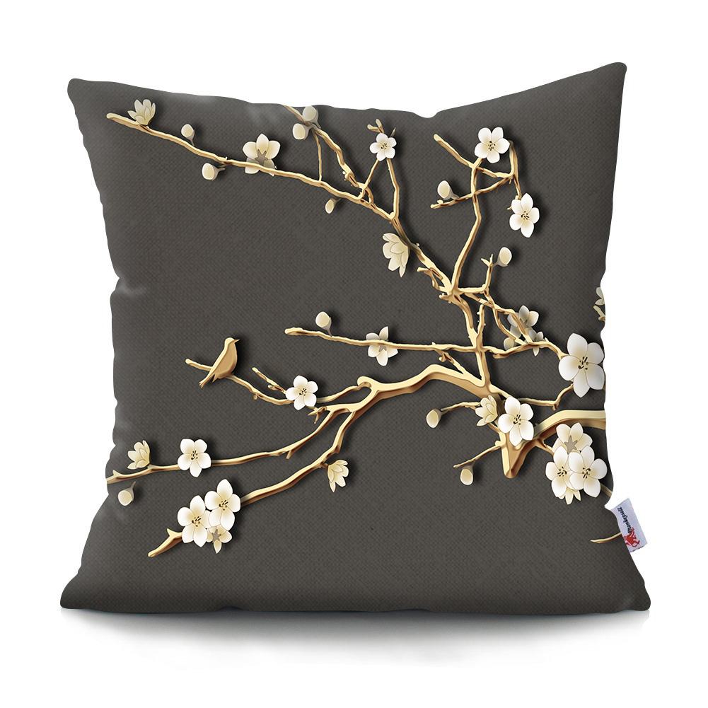 Square Chinese Landscape Painting Cushion Cover Vintage Plum Blossom Pillowcase