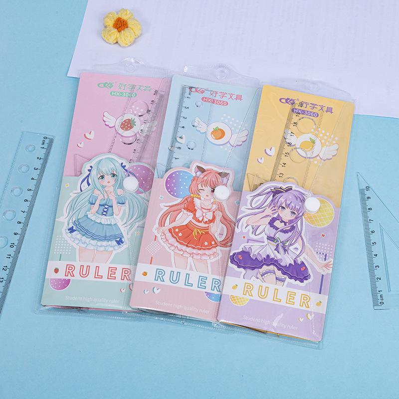 Cute Cartoon Student Ruler Set: Transparent 20cm Straight Ruler, Triangle Ruler, Protractor - 4 Pieces