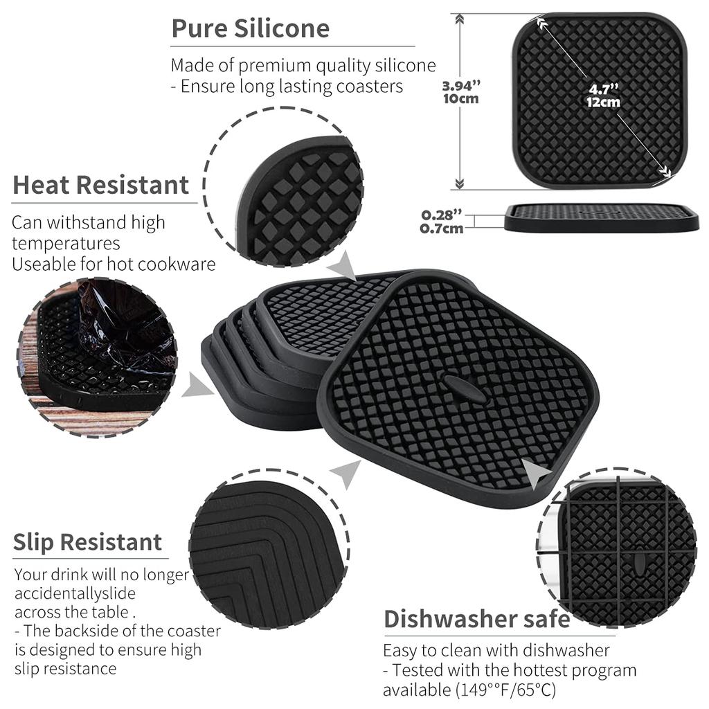 Set of 6 Silicone Coasters Insulating Cup Tea Stylish (with Holders) - Non-slip, Absorbent, Mats, Easy-to-Wash Trays, (Square, Black)