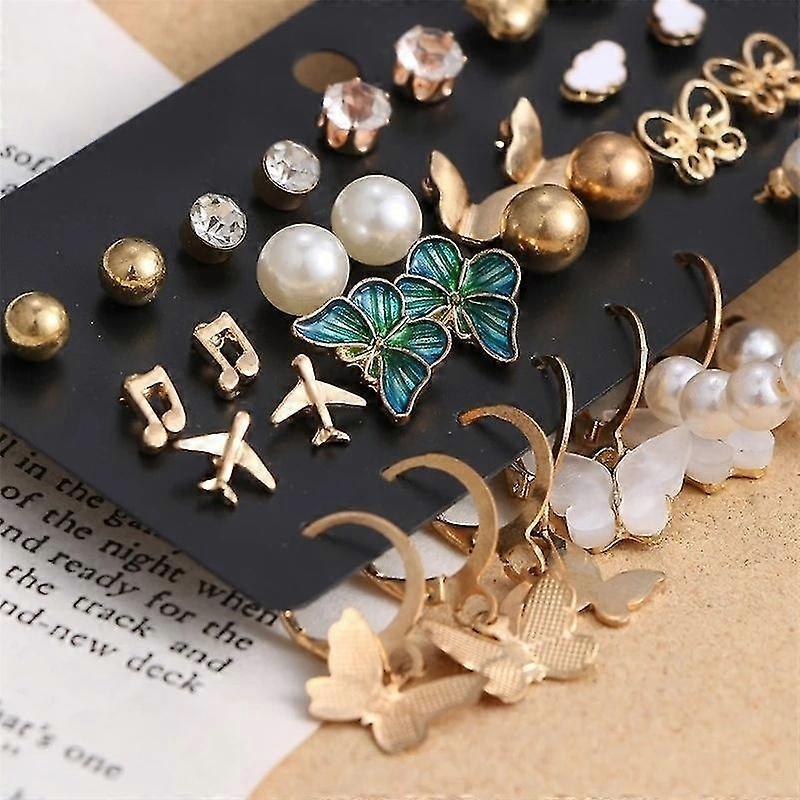 17 Pair Set Retro Imitation Pearls Butterfly Tassel Earrings  Heart Rhinestone