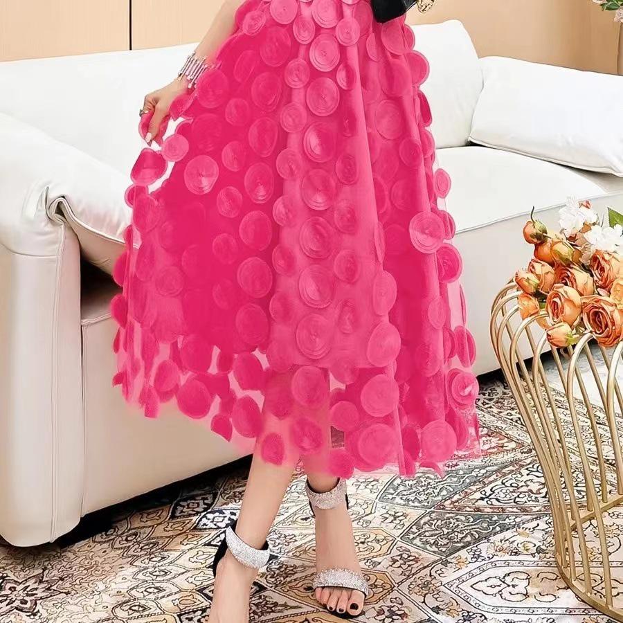 Women's European-Style Black Midi Skirt - 2025 High-End Mesh A-Line Umbrella Design