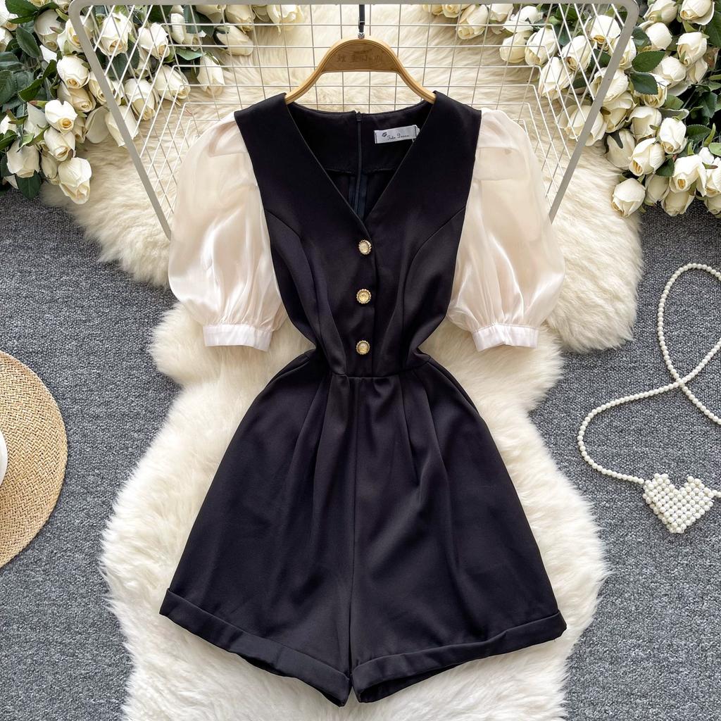 Summer Women's V-neck Puff Sleeve Short Jumpsuit High Street Y2K Office Work Rompers Playsuits
