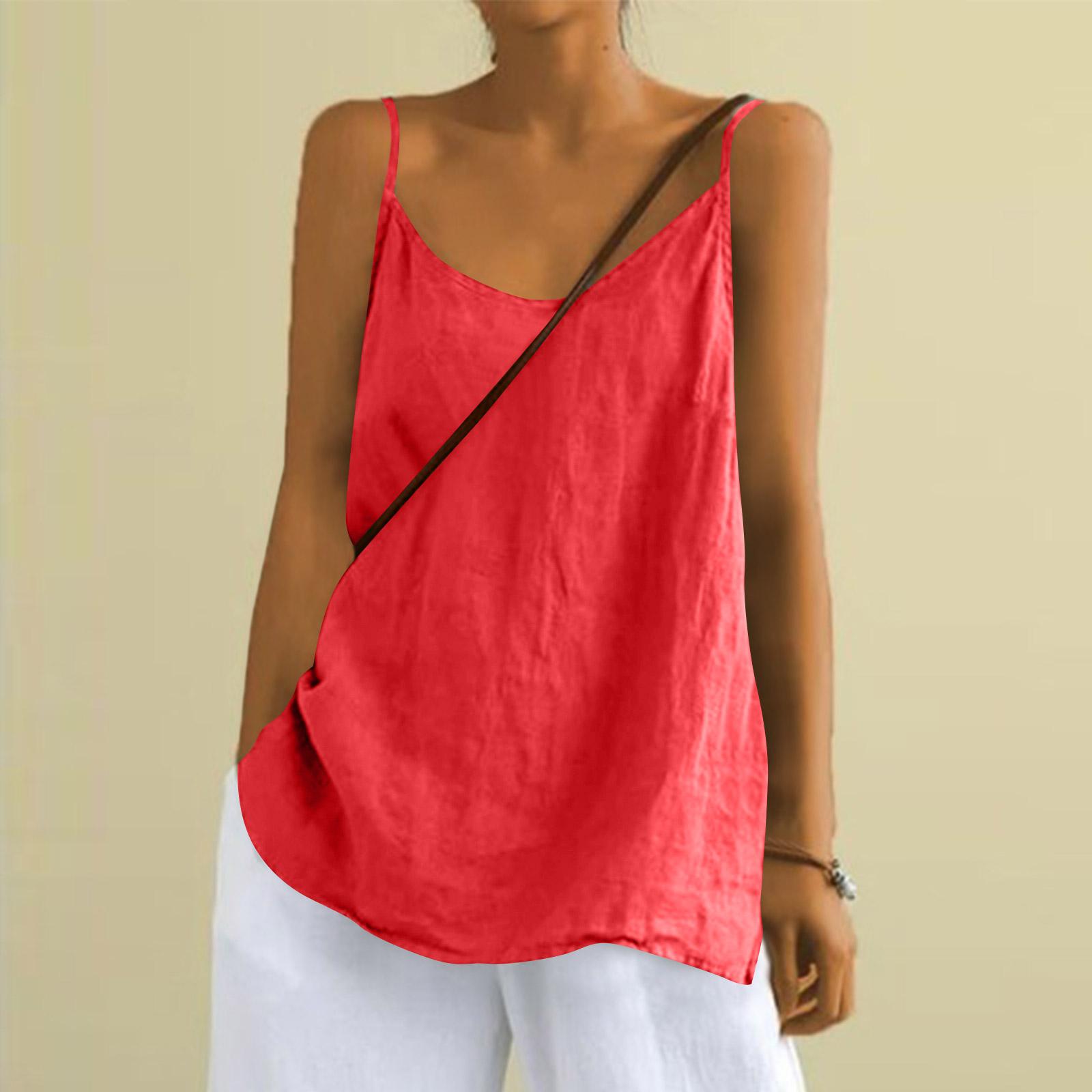 

Women s Fashion Loose Cotton Linen Sleeveless Base Strap Top XXL червоний