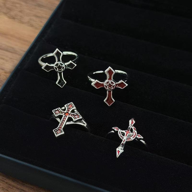 Punk Spice Girl Red Cross Zircon Fashion Opening Ring Kusa Enamel Neutral Style Personality Simple Ring