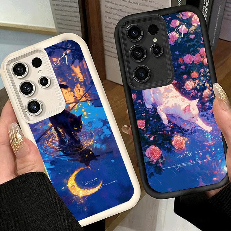 Phone Case for Samsung Galaxy S26 S25 Ultra S24 FE Night Moon Cat Dreamy Art Shell S23 Plus S22 + S21 S20 5G Soft Silicone Funda