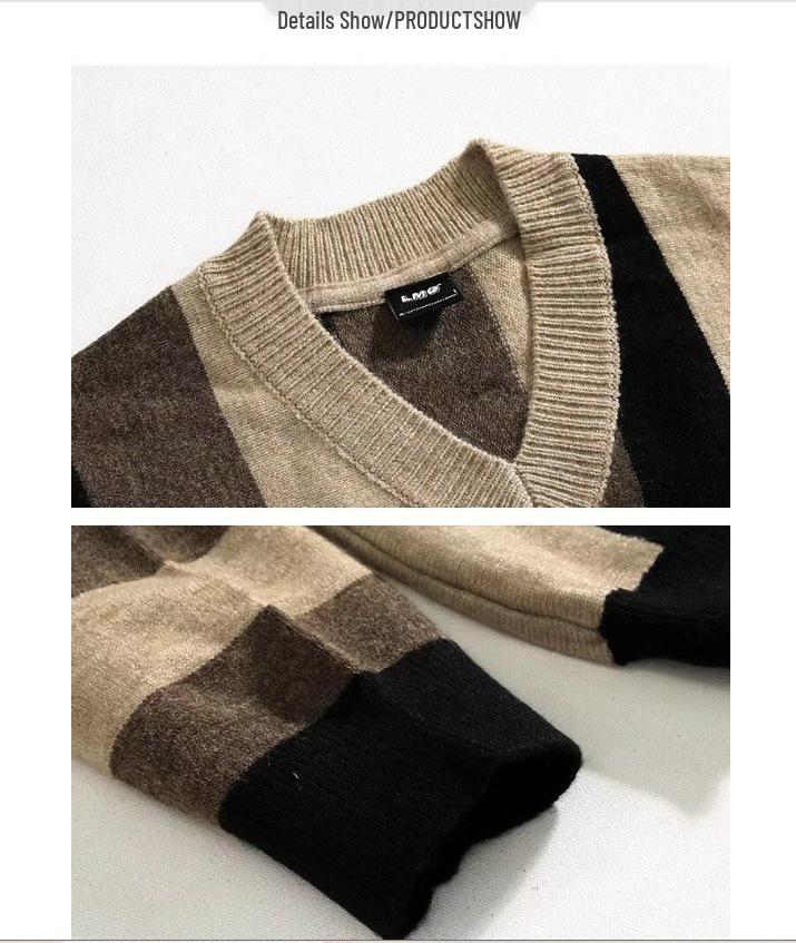 Men's Korean Striped V-Neck Knit Sweater - Autumn/Winter Loose Fit Long Sleeve Pullover