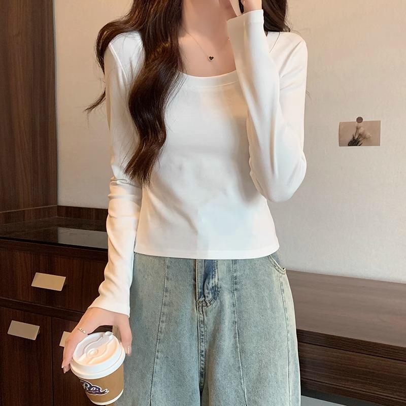 Tricou retro cu decolteu jos, pe umărul drept, cu mâneci lungi pentru femei la începutul toamnei, design nou, cu talie înaltă, slim, scurt, top cu strat interior