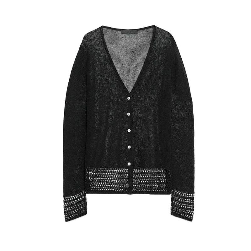 Autumn New Women's Clothing Idle Style Single Row Multi-Buckle Mesh Hem Long Sleeves V-neck Knitted Jacket 2756104