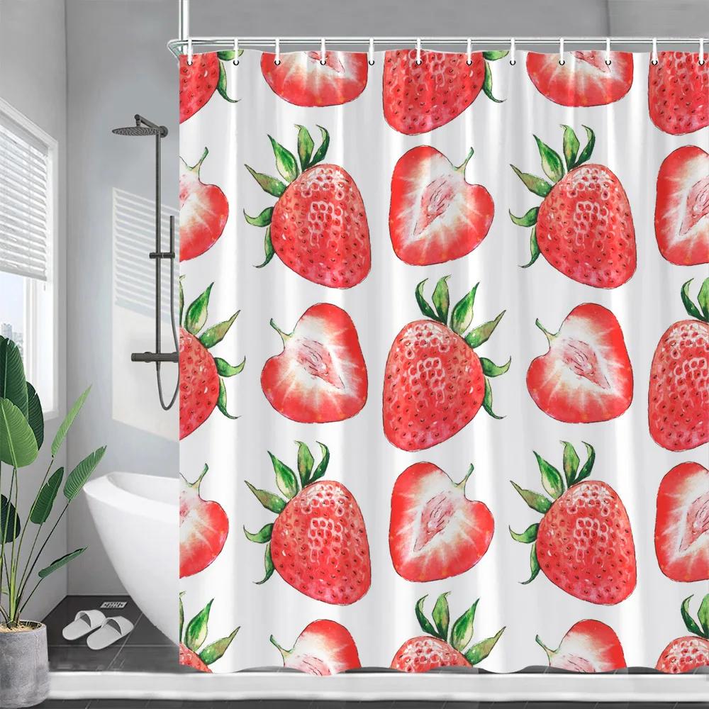 Cartoons Fruit Cherry Shower Curtain Cherries Green Leaf Printing Curtains Waterproof Polyester Bathroom Decor Wall Decoration