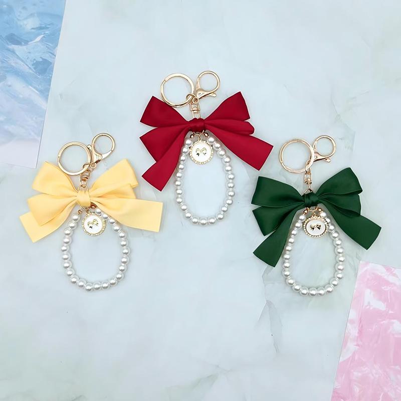 Fashion Large Bowknot Ribbon Pearl Key Chain Women's Multi-color DIY Key Pendant Hanging Ornament Sweet Bag Accessories