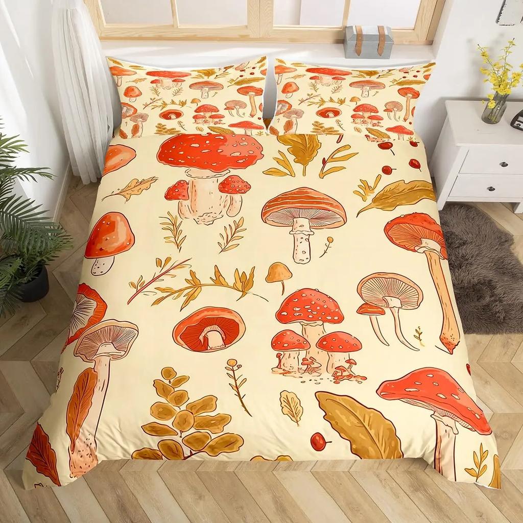 Comforter Wild Mushroom Bedding Set King Queen Cute Mushrooms Comforter Kawaii Fungus Cartoon Plant Leaves