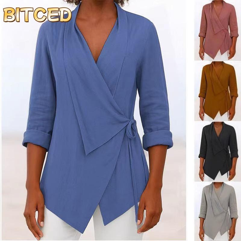 BITCED Moda Donna Casual Stampa Colore Unico Manica Lunga Scollo a V Camicie & Bluse Design Internazionale
