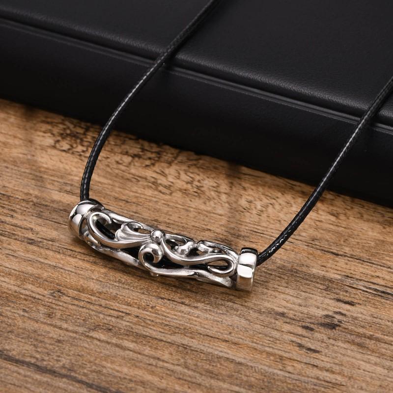 Mens Geometric Titanium Steel Pendant Necklace With Leather Cord Chain Fashionable Minimalist Accessory Casual Office Wear