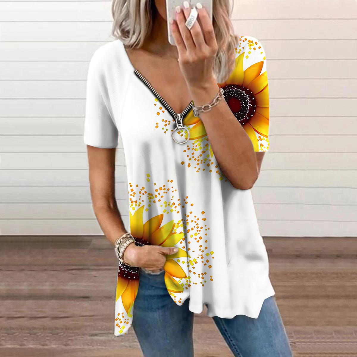 

Женский топ, летний новый модный повседневный топ с золотым подсолнухом и застежкой-молнией с v-образным вырезом и короткими рукавами 8XL золотой