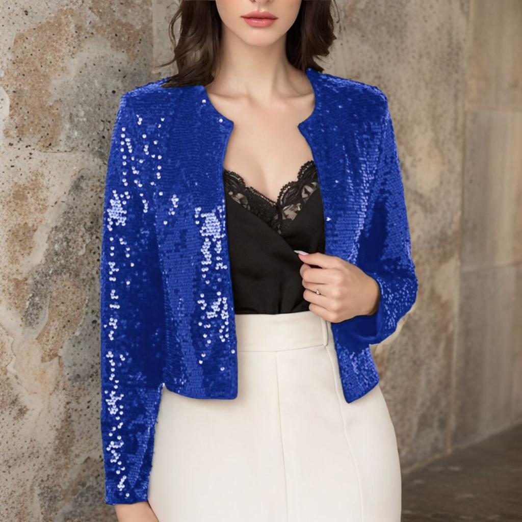 Solid Color Cardigan Casual Versatile Sequin Jacket Women's Round Neck Long Sleeved