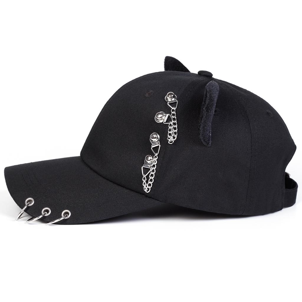 Men Gothic Cat Ear Baseball Cap Chain Iron Ring Outdoor Adjustable Sunscreen Leisure Hat Spring Autumn Travel Tourism Beach Vacation