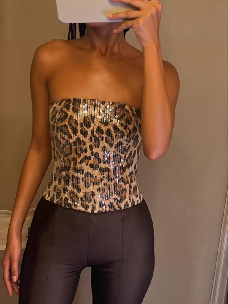 2025 European & American Leopard Print Sequin High-Waisted Zipper Bustier Crop Top Women's Fashion