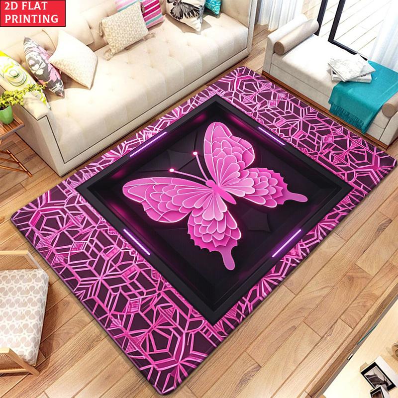 Neon Pink Butterfly Geometric Area Rug, Non-Slip Soft Carpet for Living Room Bedroom, Cyberpunk Aesthetic Decor Floor Mat