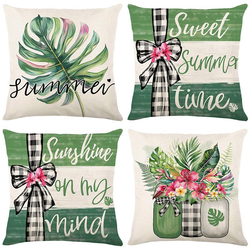 

New Green Plant and Flower Series Pillowcase Linen Letter Printing Home Fabric Living Room Cushion Cover 45 * 45 separate pillow cover